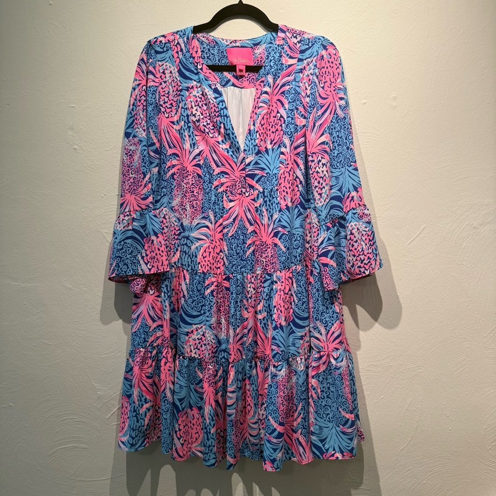 Lilly Pulitzer Gabriel Lileeze Tunic Dress Borealis Blue Tropical Down Low Sz 10
